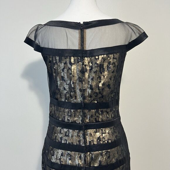 Tadashi Shoji Black Gold Sequin Mesh Illusion Cocktail Sheath Dress Size 8 - Picture 6 of 11